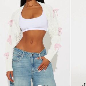 Fashion Nova White Cable-Knit Cropped Cardigan with Pink Bow Ties